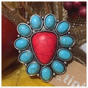 Iconic Turquoise/Coral Stone Adjustable Ring.